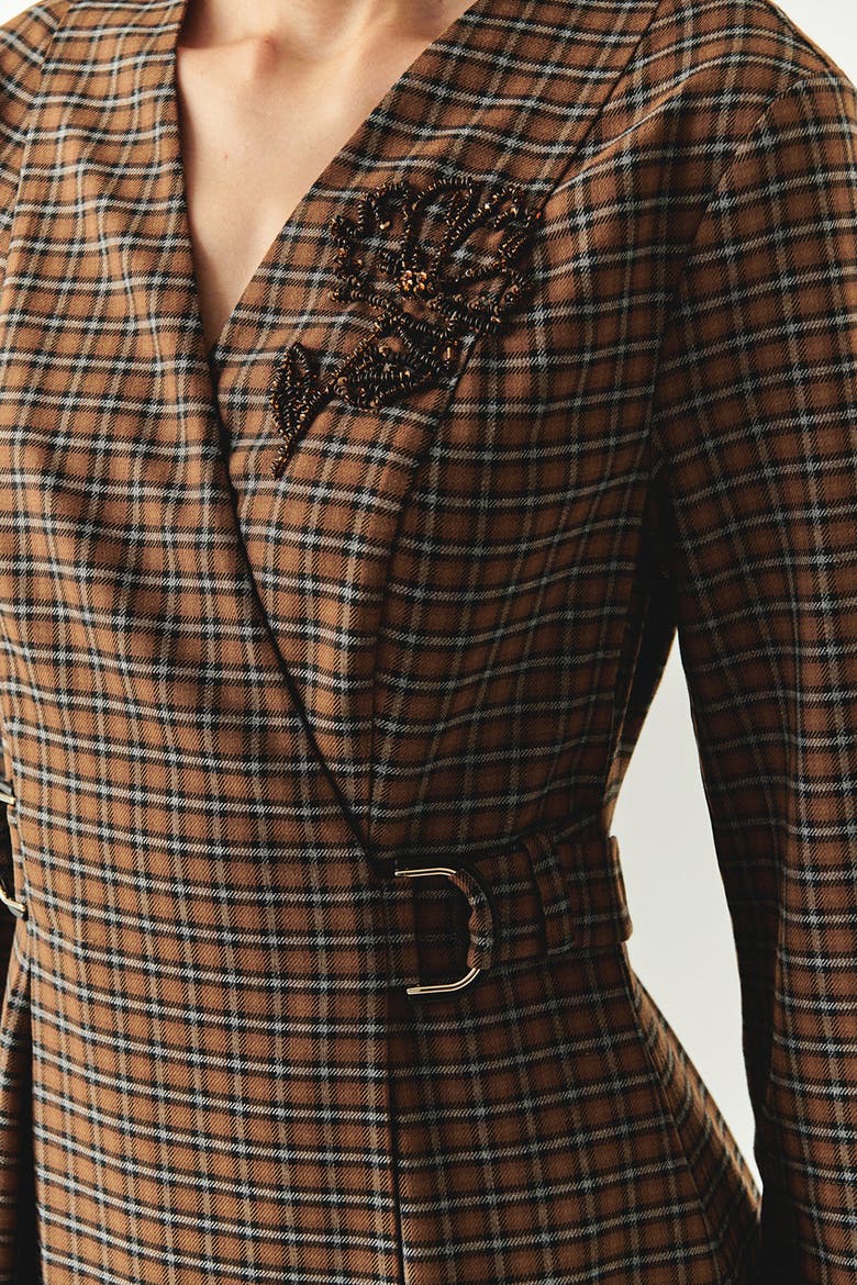 Notched Lapel Plaid Wrap Midi Dress, Alternate, color, MULTICOLOR