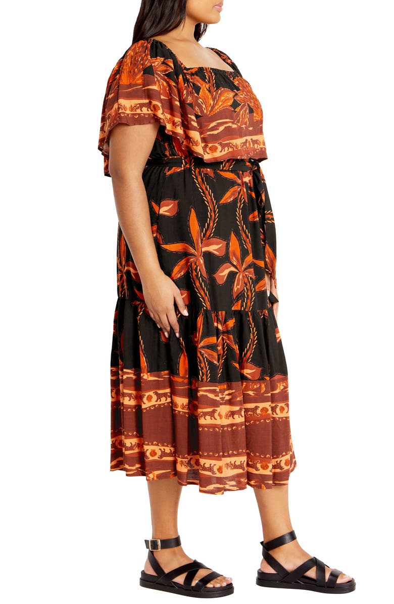 City Chic Talia Tie Belt Midi Dress, Alternate, color, Black Tahitian Brd