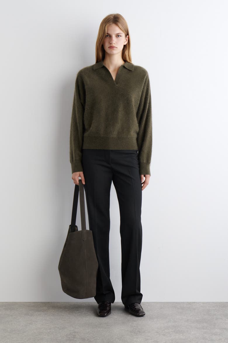 Brushed-Cashmere Polo Sweater, Alternate, color, KHAKI