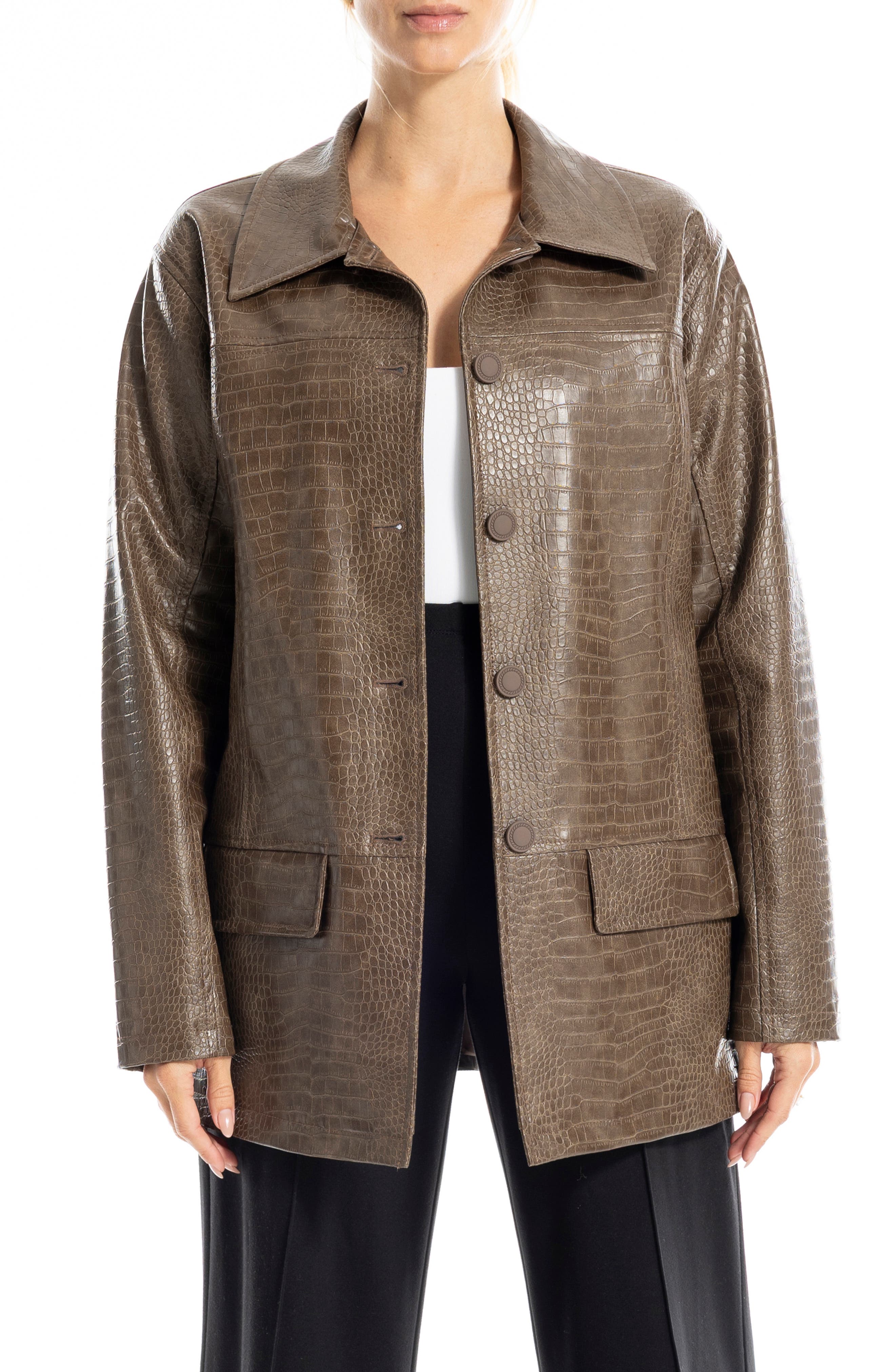 Oversize Croc-Embossed Faux Leather Jacket