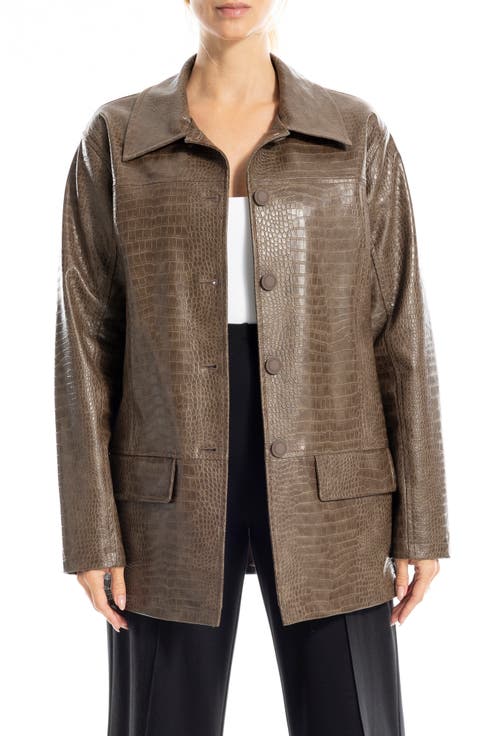 Oversize Croc-Embossed Faux Leather Jacket