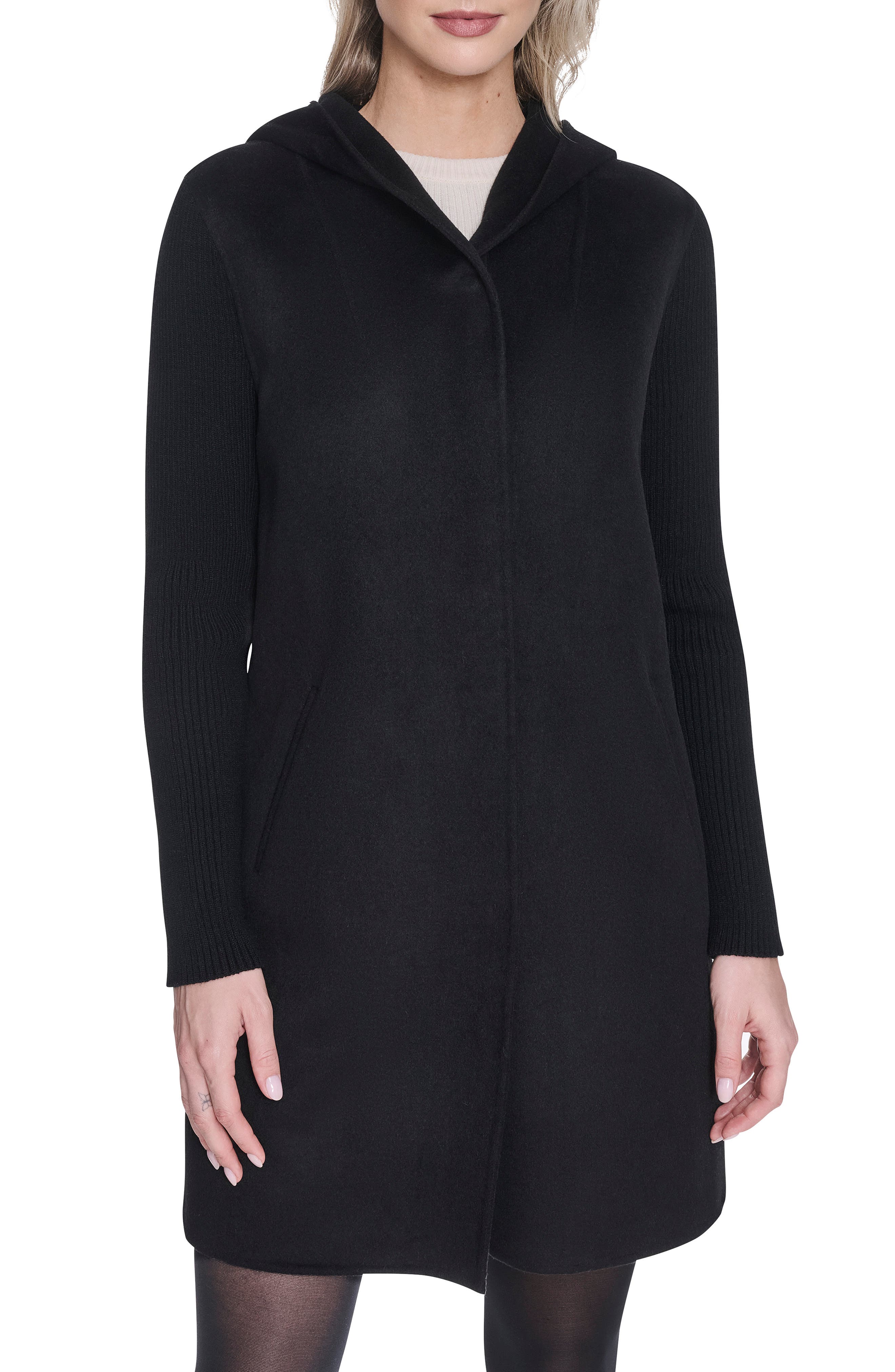 Kenneth Cole New York Double Face Wool Blend Hooded Coat in Black 