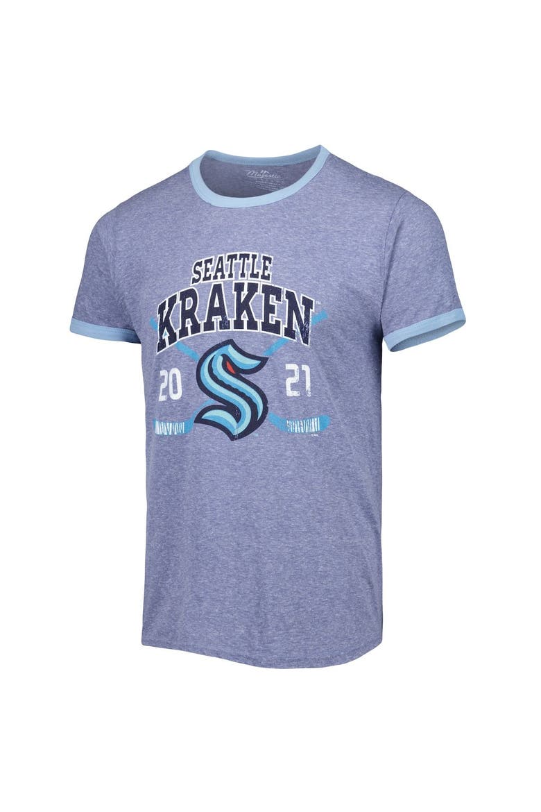 Men's Fanatics Branded Heathered Deep Sea Blue Seattle Kraken Buzzer Beater Tri-Blend Ringer T-Shirt, Alternate, color, Navy