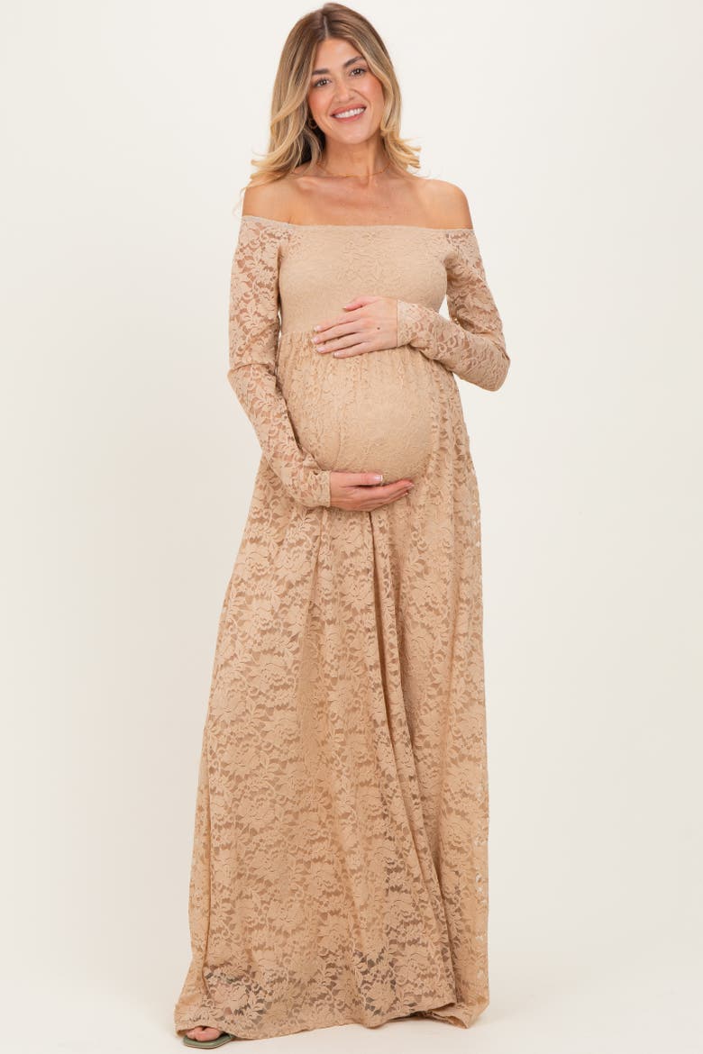 Floral Lace Long Sleeve Off Shoulder Maxi Dress, Alternate, color, Gold