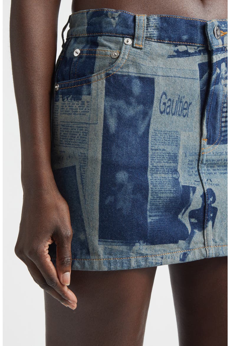 Newspaper Print Denim Miniskirt, Alternate, color, INDIGO/ BEIGE