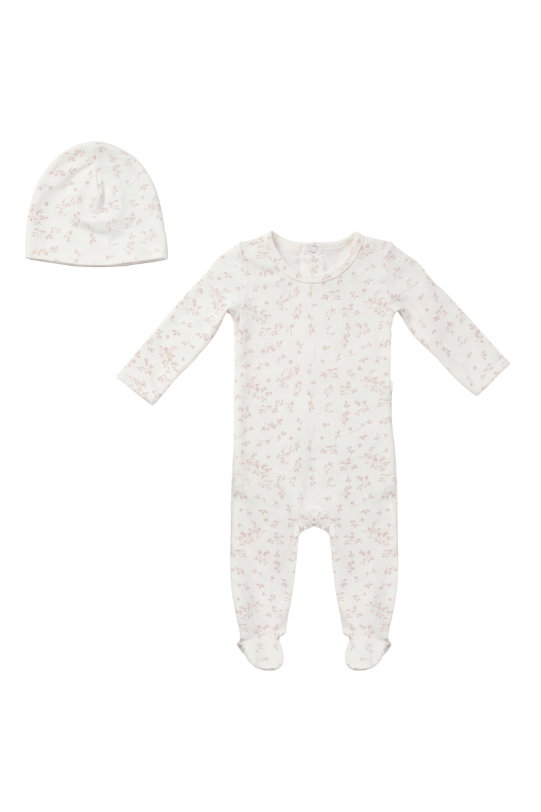 Girl Leaves Print Romper Set with Hat, Main, color, Powder/Petal