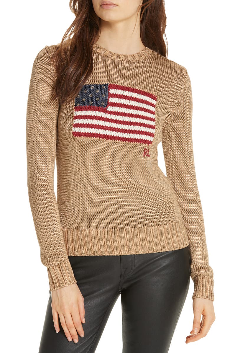 Polo Ralph Lauren Metallic Cotton Blend Flag Sweater, Main, color, 