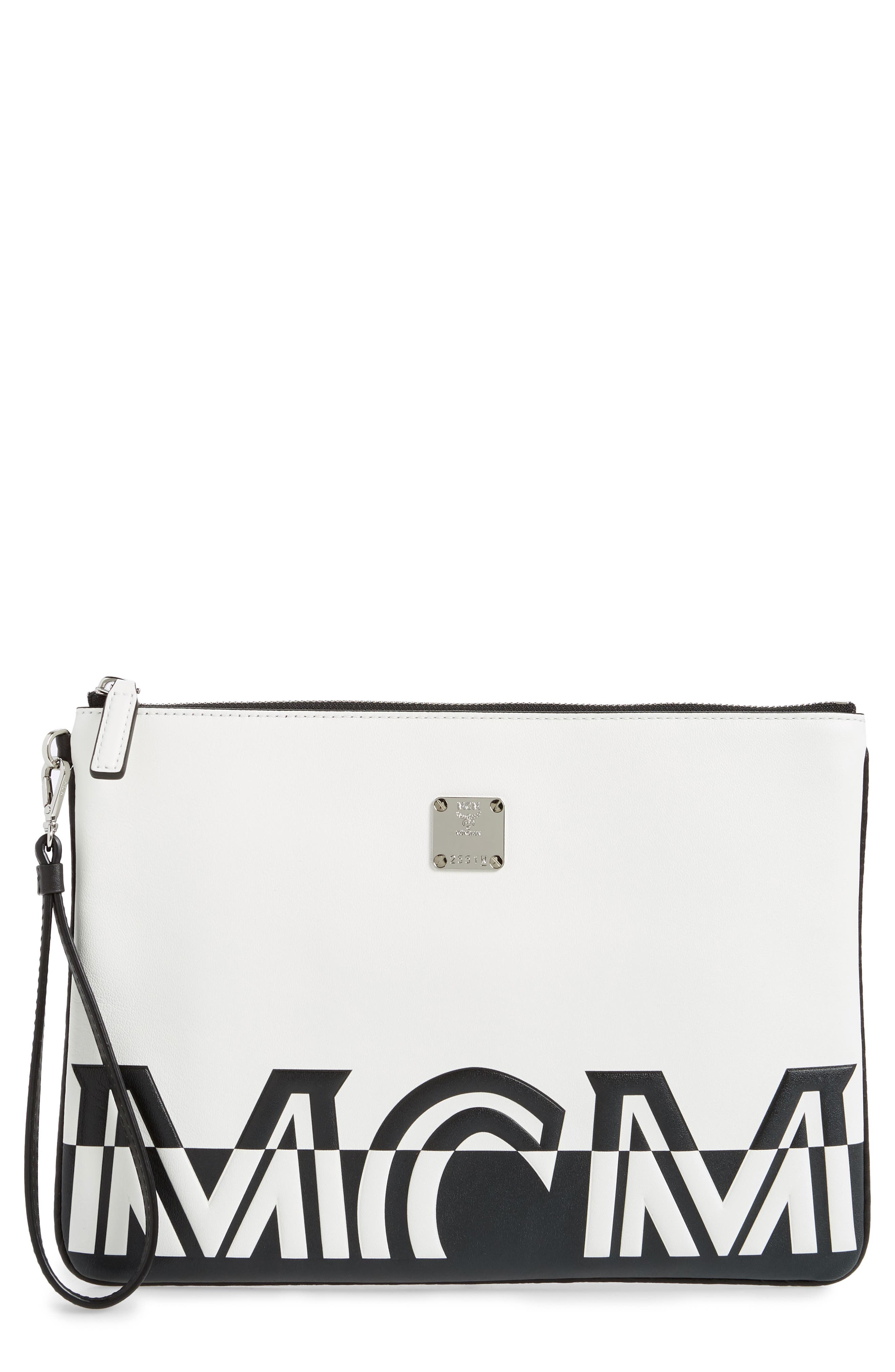MCM Medium Contrast Logo Leather Pouch, Main, color, 