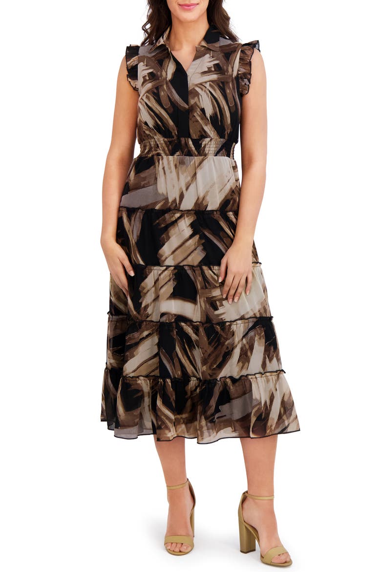 Flutter Sleeve Tiered Chiffon Maxi Dress, Main, color, BLACK/ SAND