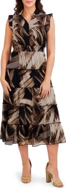 London Times Flutter Sleeve Tiered Chiffon Maxi Dress