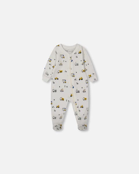 Deux Par Deux Organic Cotton One Piece Pajama - Printed Off-White And Multi Truck Deux Par Deux Organic Cotton One Piece Pajama - Printed Off-White And Multi Truck