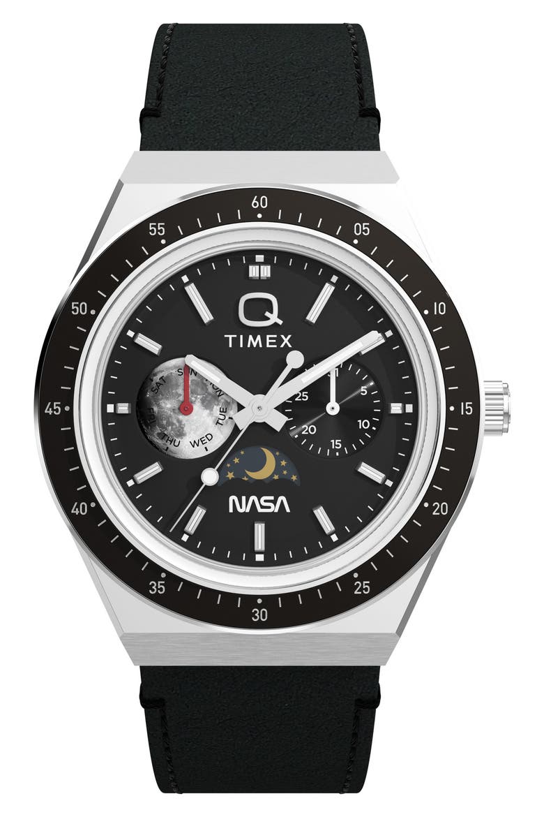 Q Timex NASA 40mm Leather Strap Watch, Main, color, BLACK/ SILVER-TONE