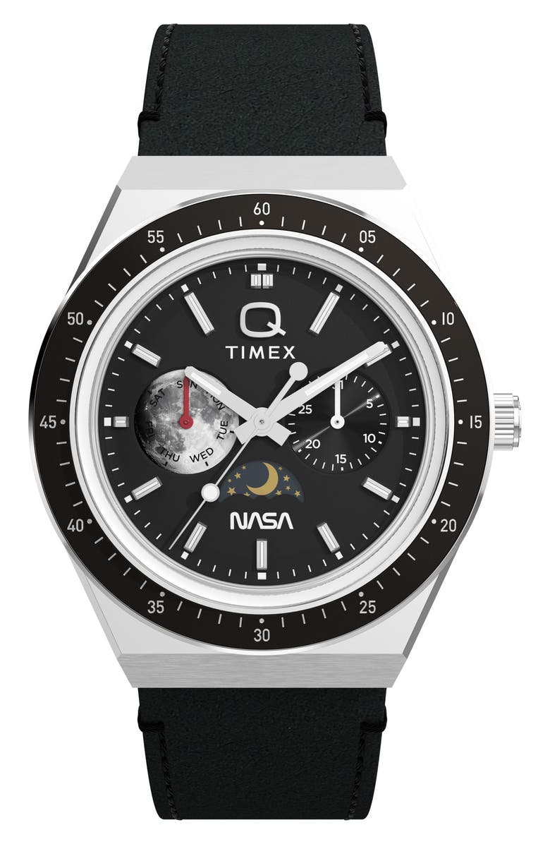 Timex<sup>®</sup> Q Timex NASA 40mm Leather Strap Watch, Main, color, Black/ Silver-Tone
