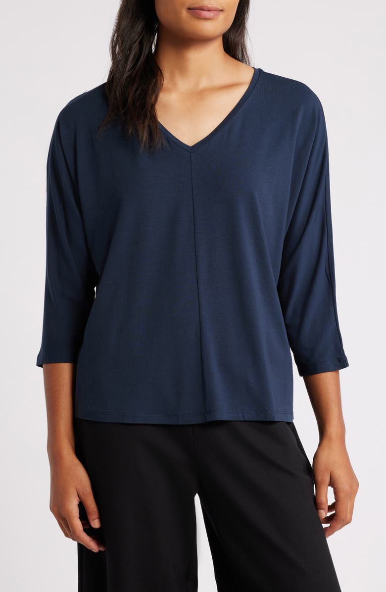 Eileen Fisher V-Neck Three-Quarter Sleeve Top, Main, color, Deep Adriatic