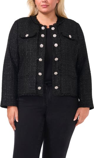 Cece Women's Grid Tweed Frayed Jacket Black Size 12
