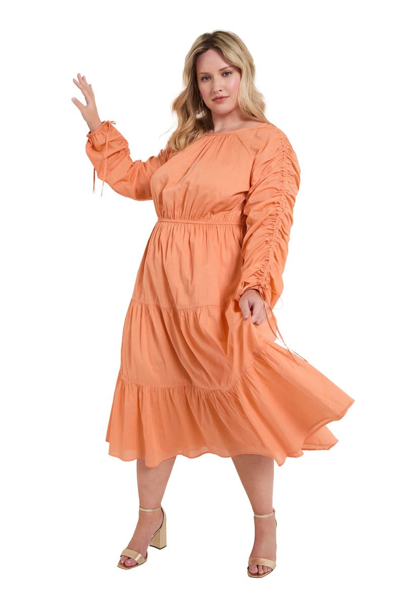 June + Vie Cotton Voile Ruched Midi Dress, Main, color, Shell Coral