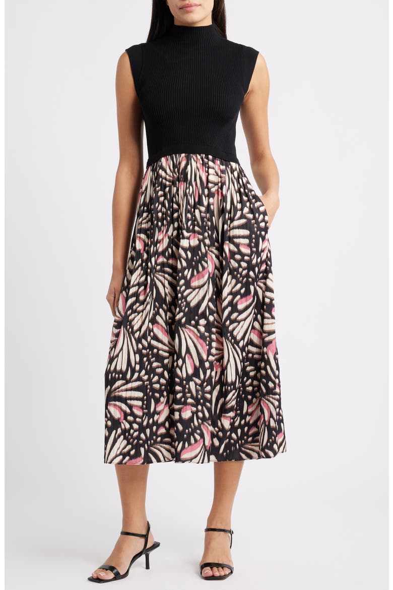 Sleeveless Mixed Media Midi Dress, Main, color, BLACK MULTI
