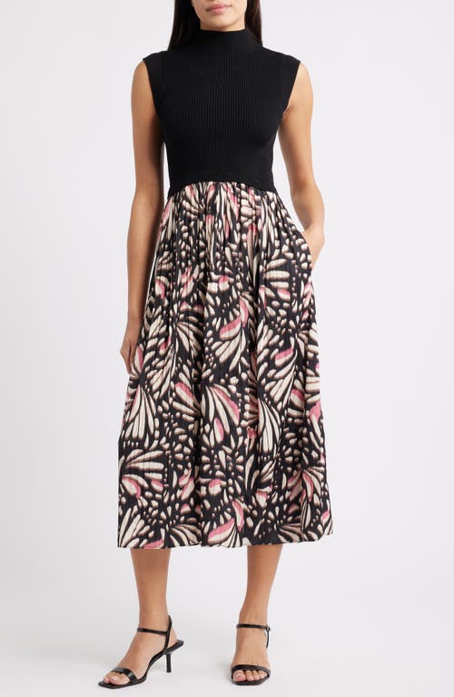 Vince Camuto Sleeveless Mixed Media Midi Dress In Black