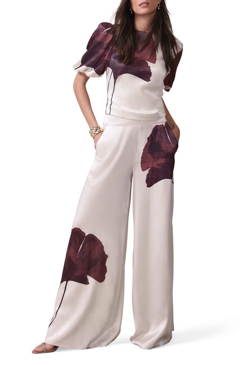 Floral Print Satin Trouser, Alternate, color, Burgundy