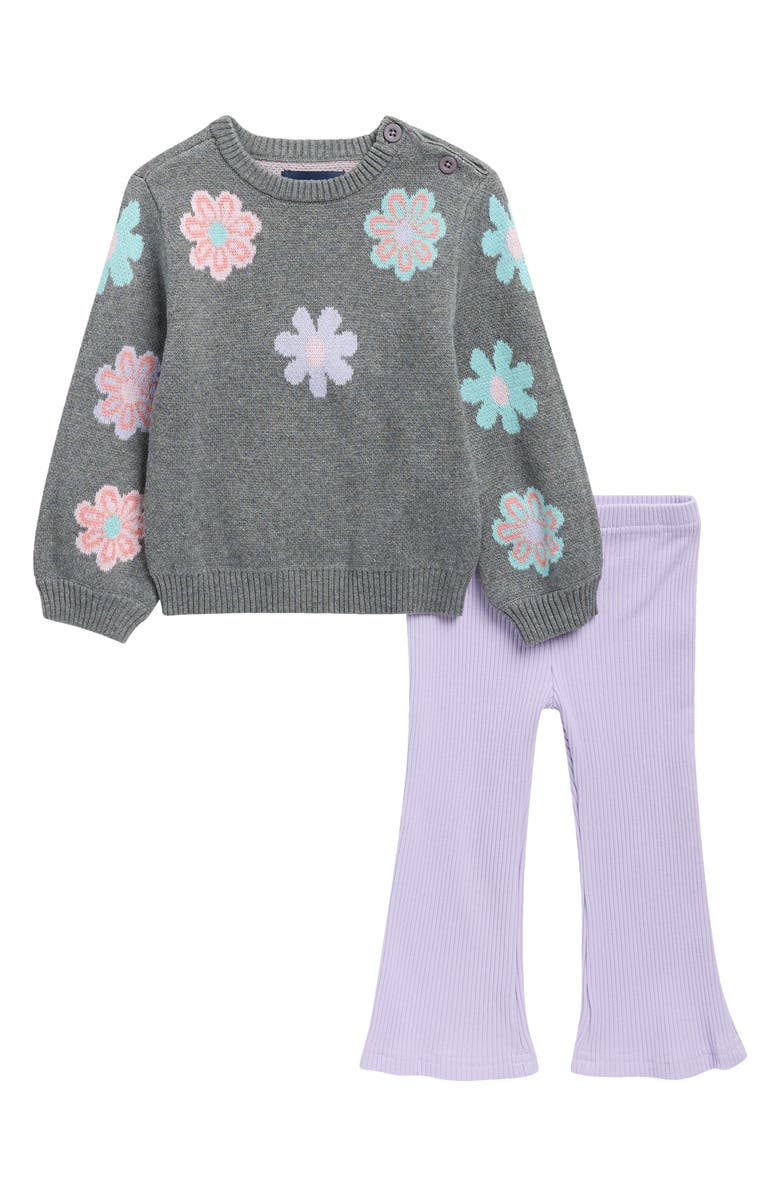 Andy & Evan Floral Sweater & Leggings Set, Main, color, Black Heather Floral/ Purple