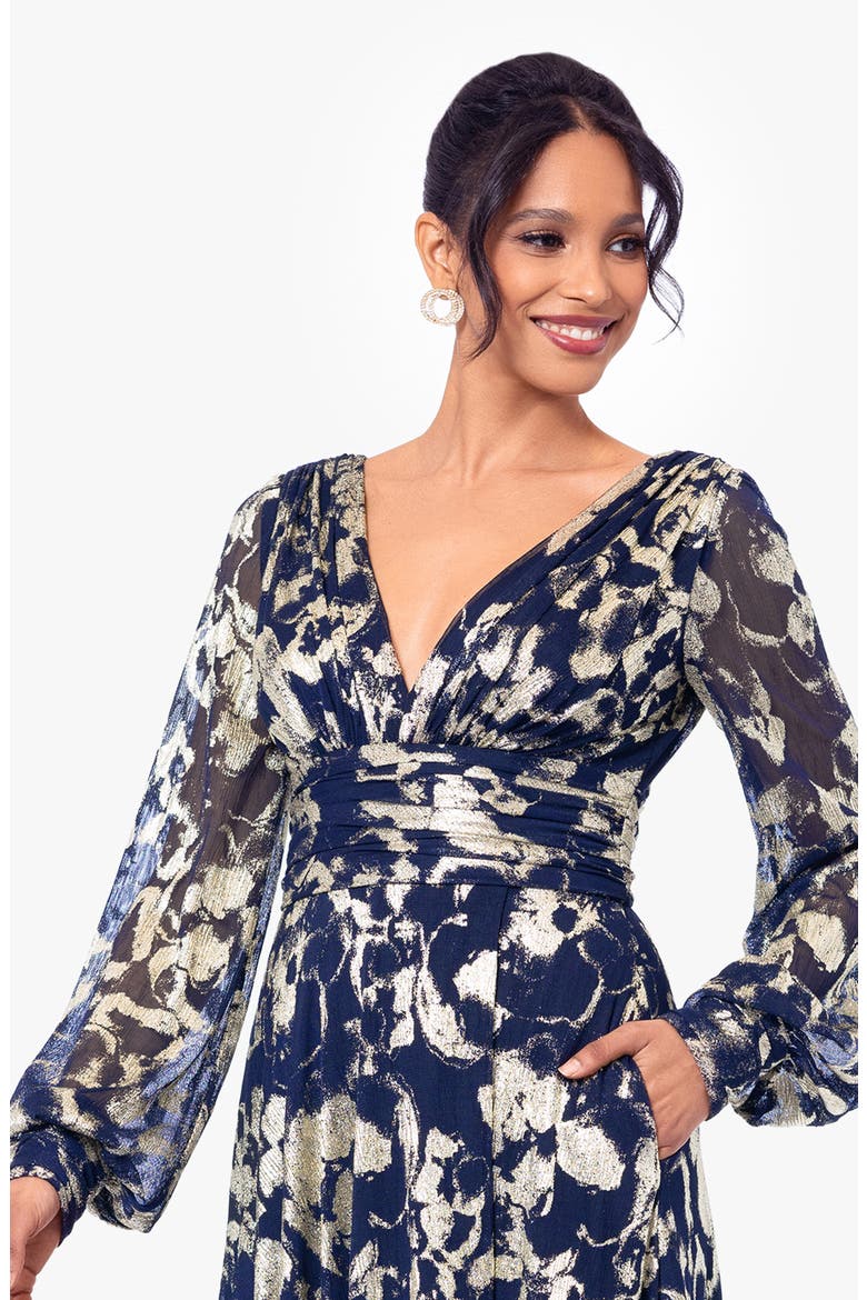 Floral Metallic Long Sleeve A-Line Gown, Alternate, color, NAVY/ GOLD