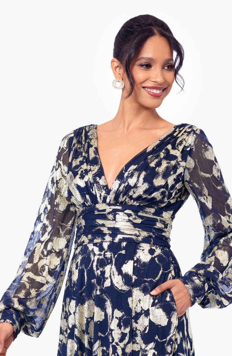 Betsy & Adam Floral Metallic Long Sleeve A-Line Gown, Alternate, color, Navy/ Gold
