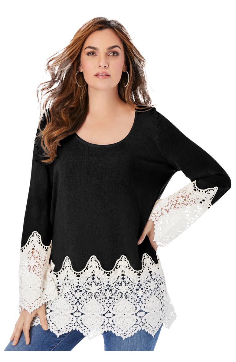 Roaman's Fine Gauge Lace Pullover Sweater, Main, color, Black