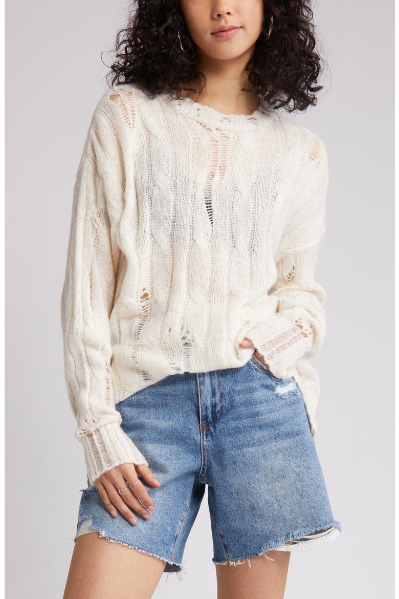 Distressed Cable Stitch Sweater, Alternate, color, WHITE