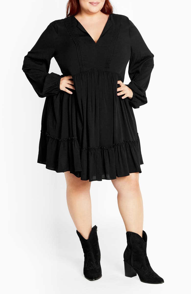City Chic Mira Long Sleeve Tiered Minidress, Main, color, Black