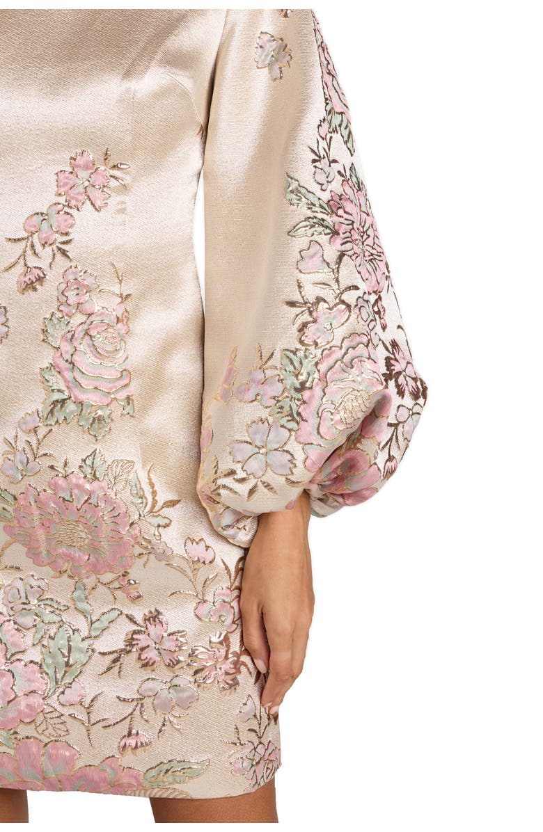 Mac Duggal Brocade High Neck Long Bishop Sleeve Mini Dress, Alternate, color, Champagne Multi