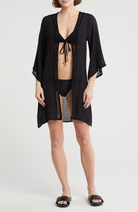 Three-Quarter Sleeve Open Stitch Cover-Up Duster