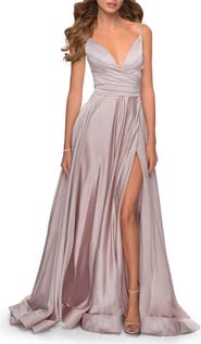 La Femme Long Satin Dress with Side Slit and V Shaped Back