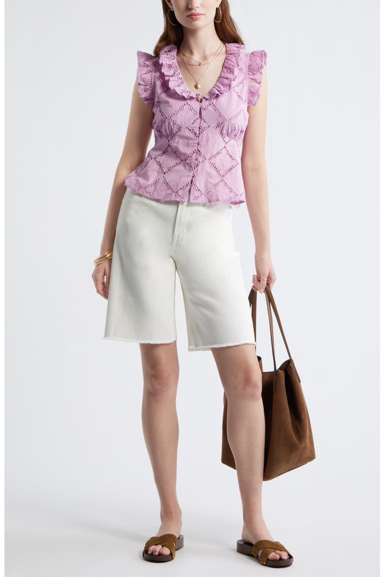 Open Cutwork Ruffle Trim Button-Up Top, Alternate, color, PINK GALE