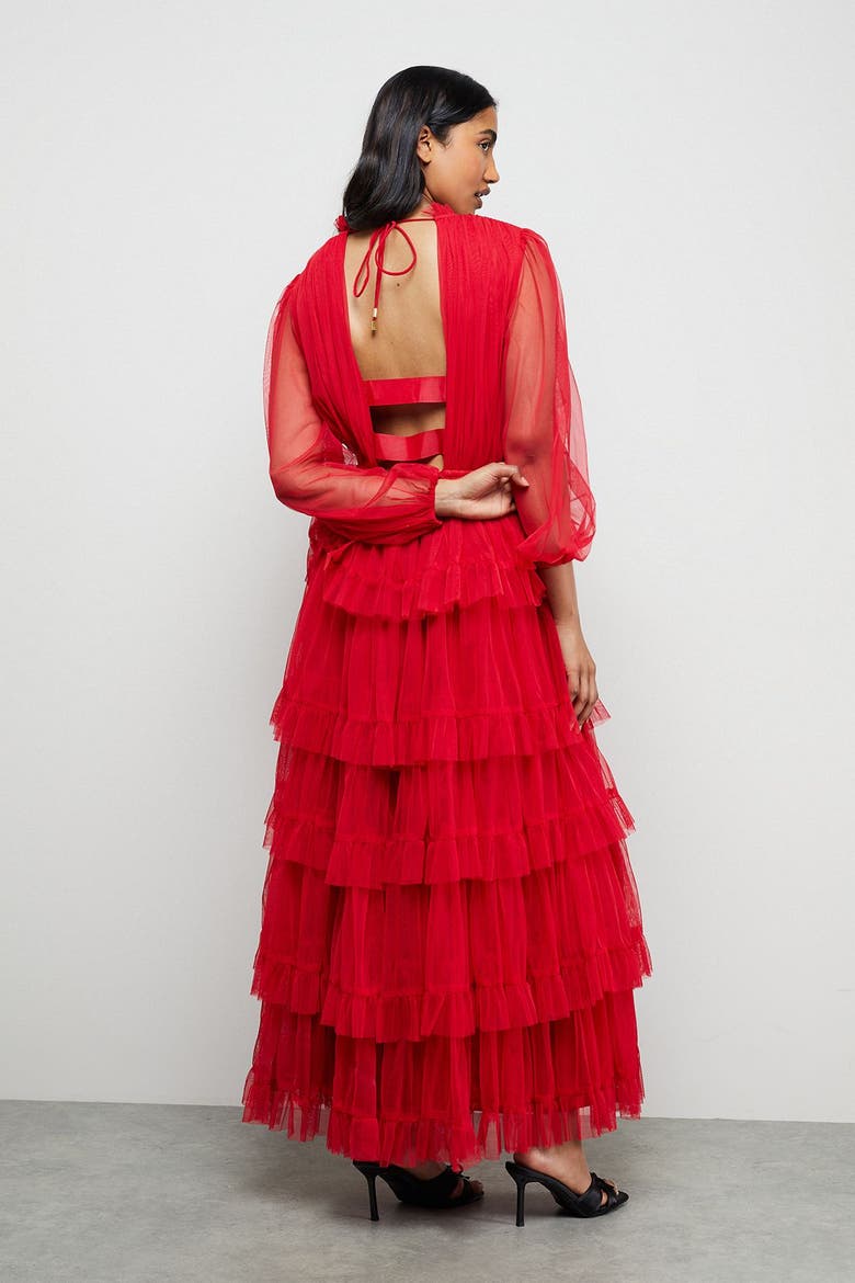 Ruffle Neck Tulle Maxi Dress, Alternate, color, Red