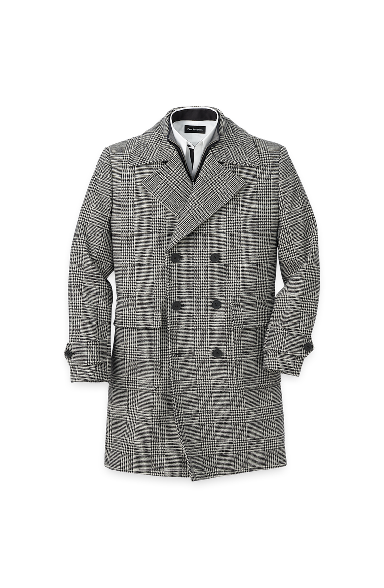 Paul Fredrick Wool Blend Plaid Double Breasted Topcoat, Main, color, Black/White