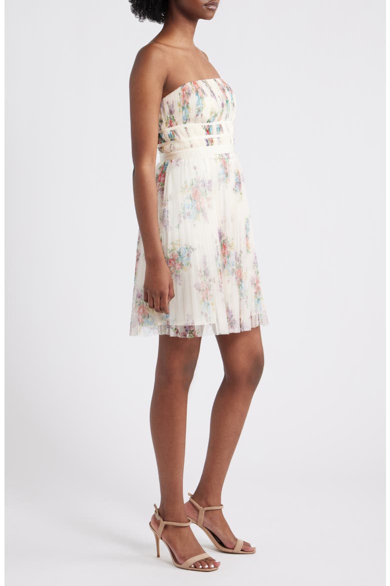 Calais Pleated Strapless Cocktail Minidress, Alternate, color, IVORY FLORAL