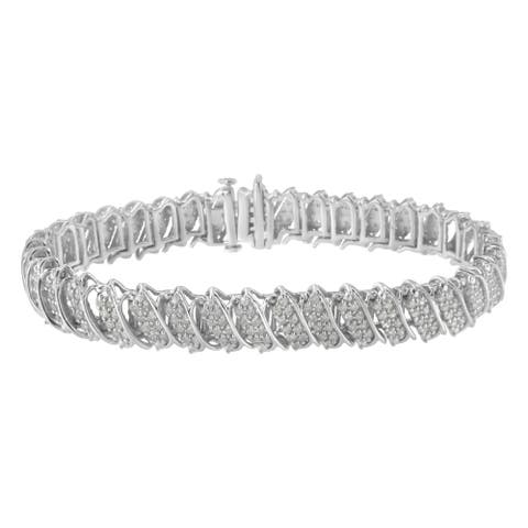 Silver 3.0 Cttw Diamond Multi Row Cluster Slanted Wave Link Tennis Bracelet