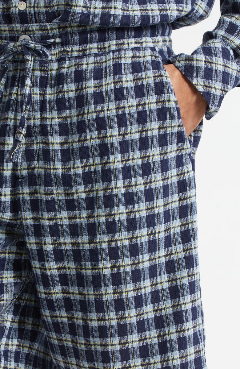 The Elder Statesman Dune Plaid Fringe Cotton Drawstring Beach Shorts, Alternate, color, Navy