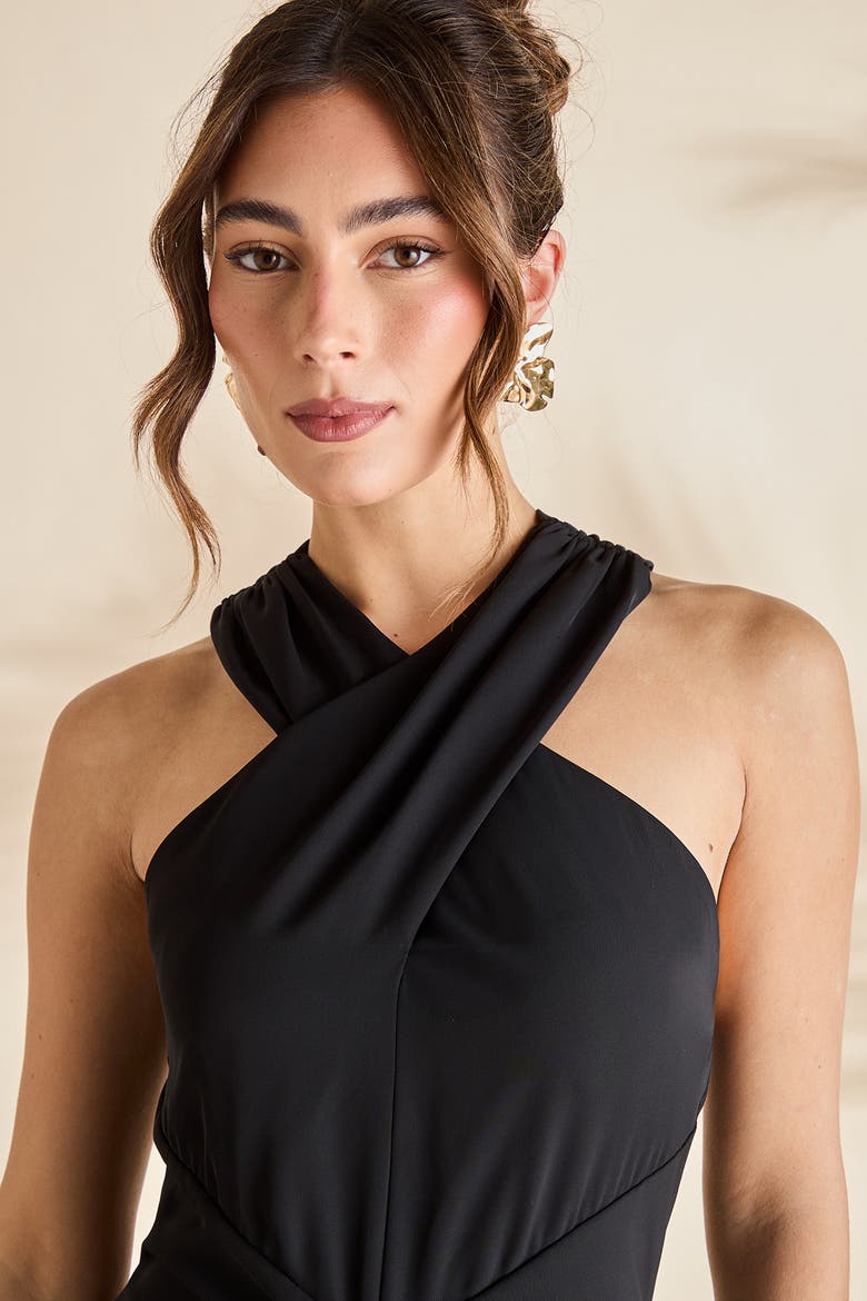 Fringe Hem Cross Neck Midi Dress, Alternate, color, Black