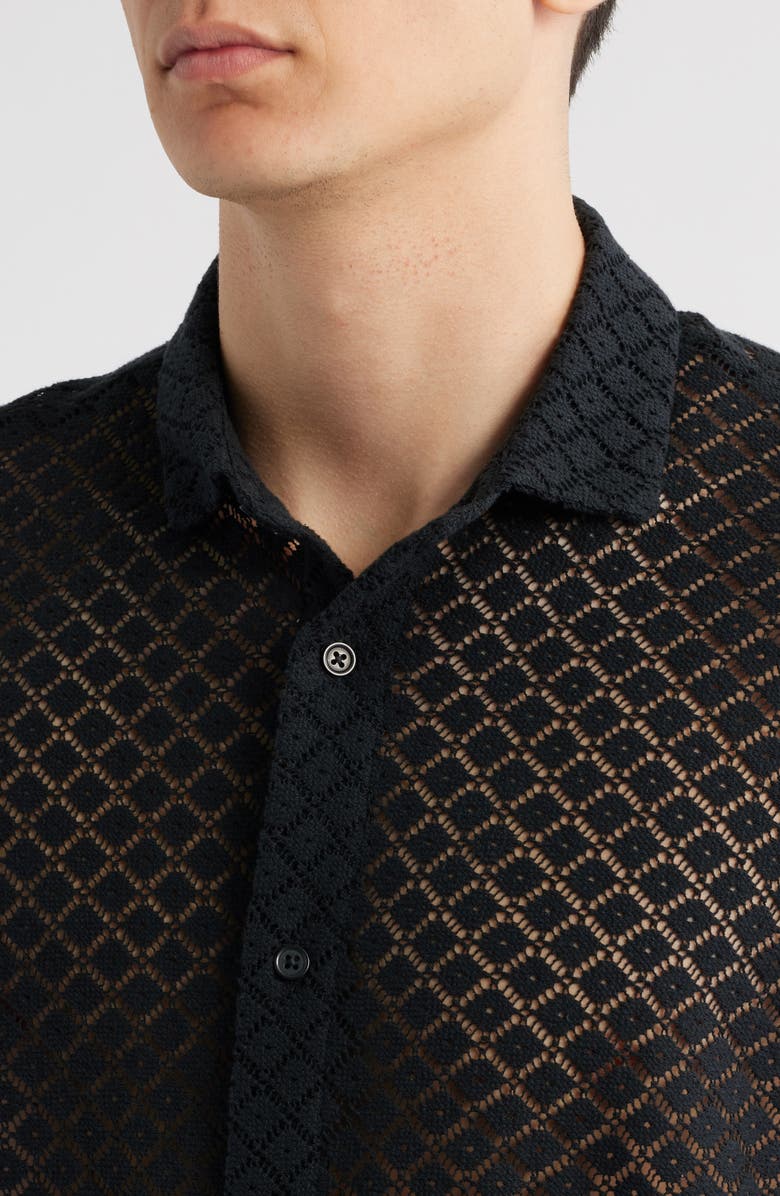 Open Edit Oversize Texture Short Sleeve Button-Up Shirt, Alternate, color, Black Caviar