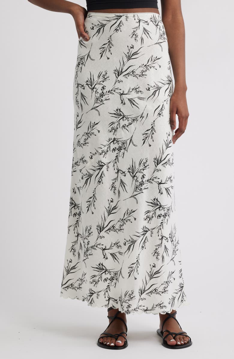 Treasure & Bond Scalloped Hem Linen Blend Maxi Skirt, Main, color, Ivory- Black Vineyard