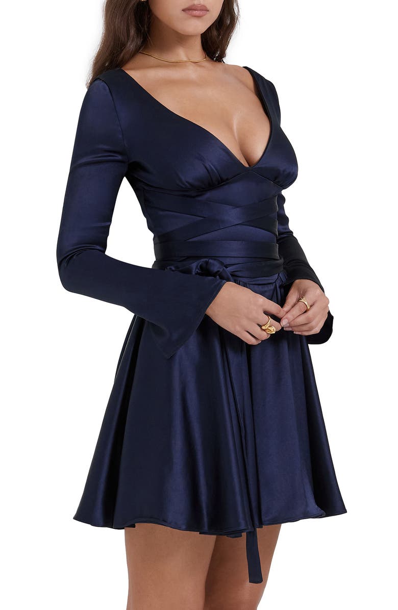 HOUSE OF CB Dominique Crossover Strap Long Sleeve Satin Fit & Flare Dress, Alternate, color, 