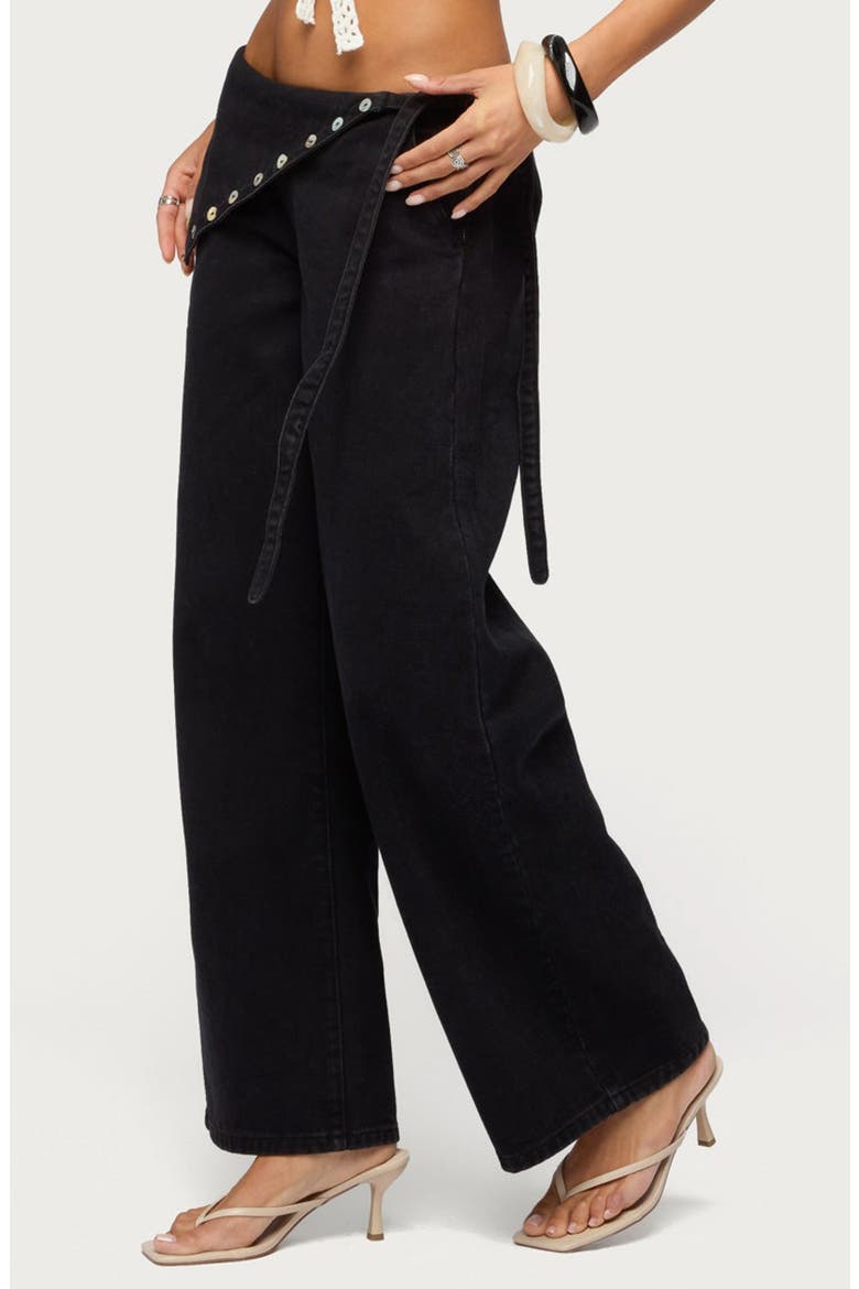 Button Foldover Low Rise Wide Leg Jeans, Alternate, color, DENIM-BLACK
