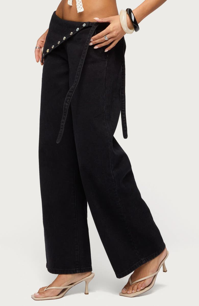 EDIKTED Button Foldover Low Rise Wide Leg Jeans, Alternate, color, Denim-Black