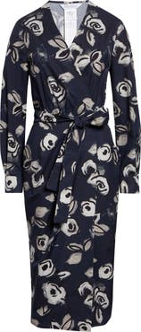 Max Mara Floral Print Long Sleeve Cotton Wrap Dress