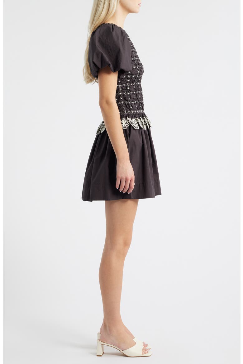 Audrey Smocked Puff Sleeve Organic Cotton Minidress, Alternate, color, BLACK