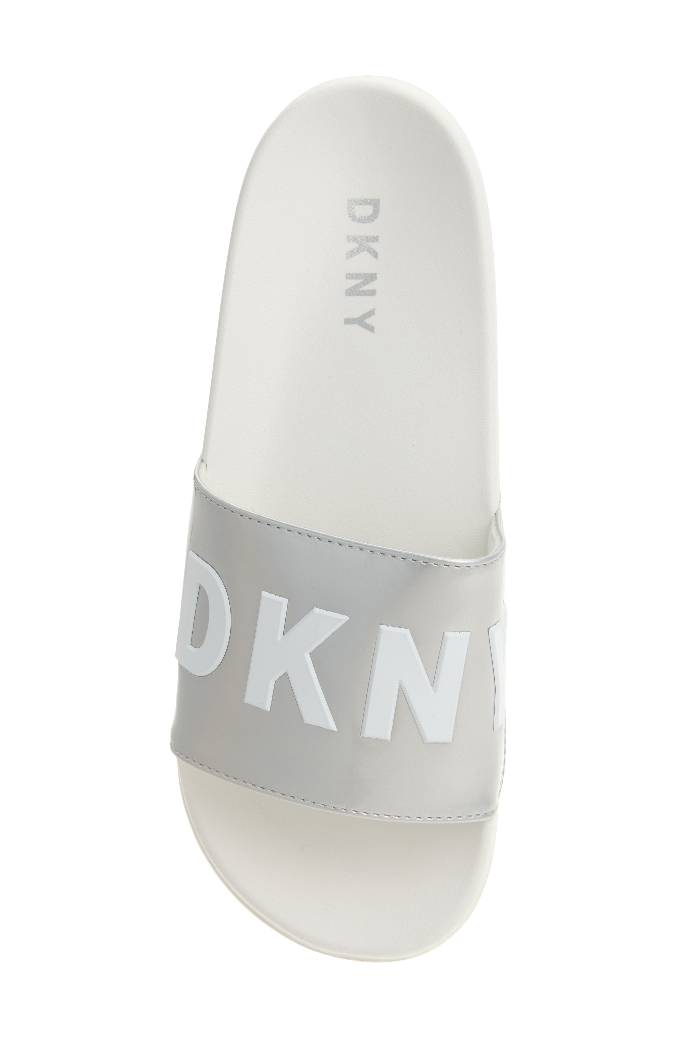 DKNY Zinna Logo Shower Slide Sandal, Alternate, color, Silver