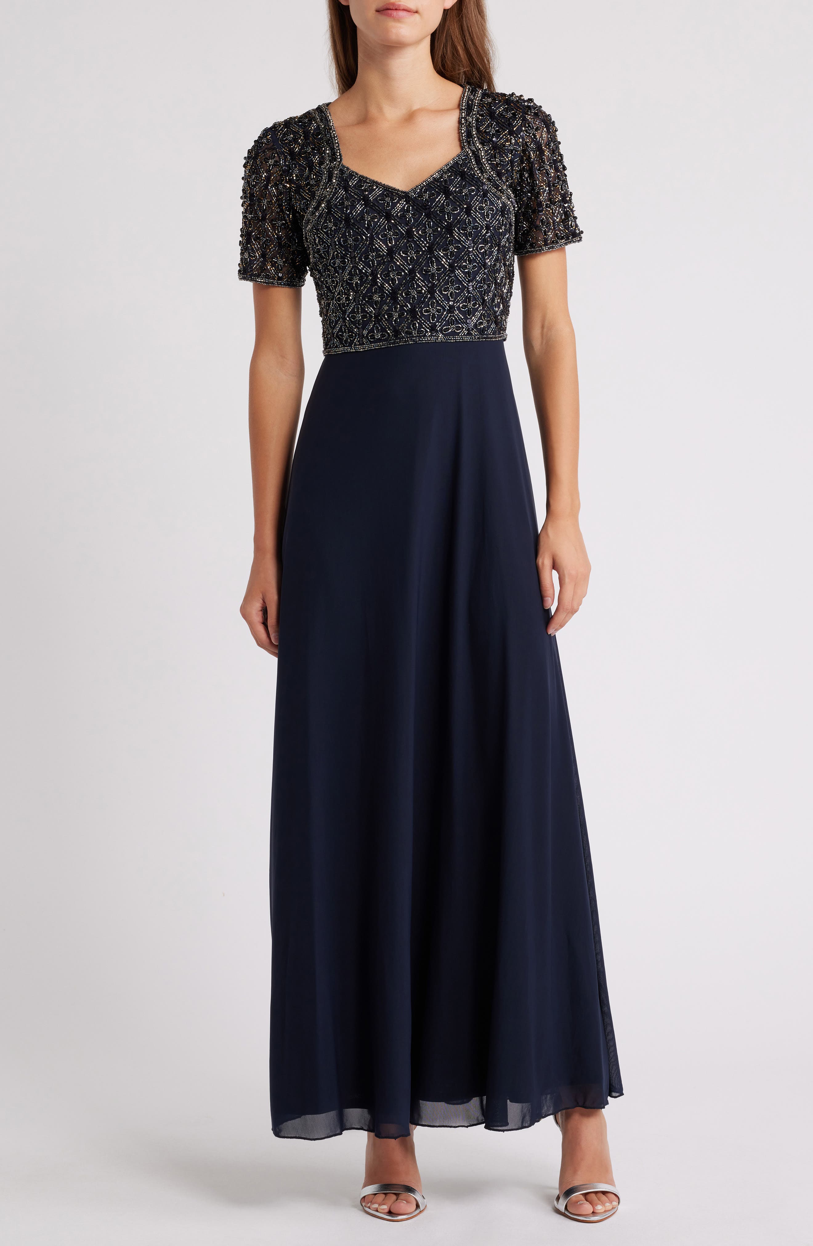 Pisarro Nights Beaded Bodice Chiffon Gown