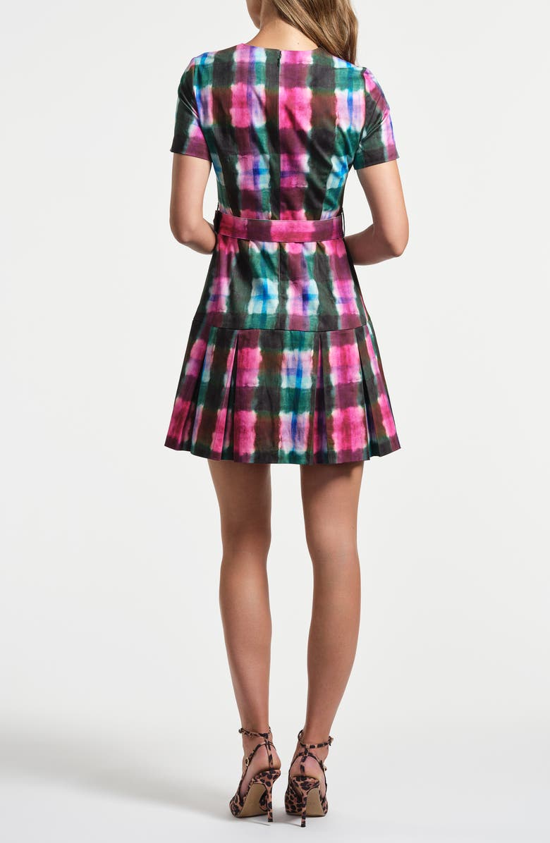 Isaac Mizrahi New York Tie Dye Pleated Belted Drop Waist Stretch Cotton Minidress, Alternate, color, Watercolor Tartan