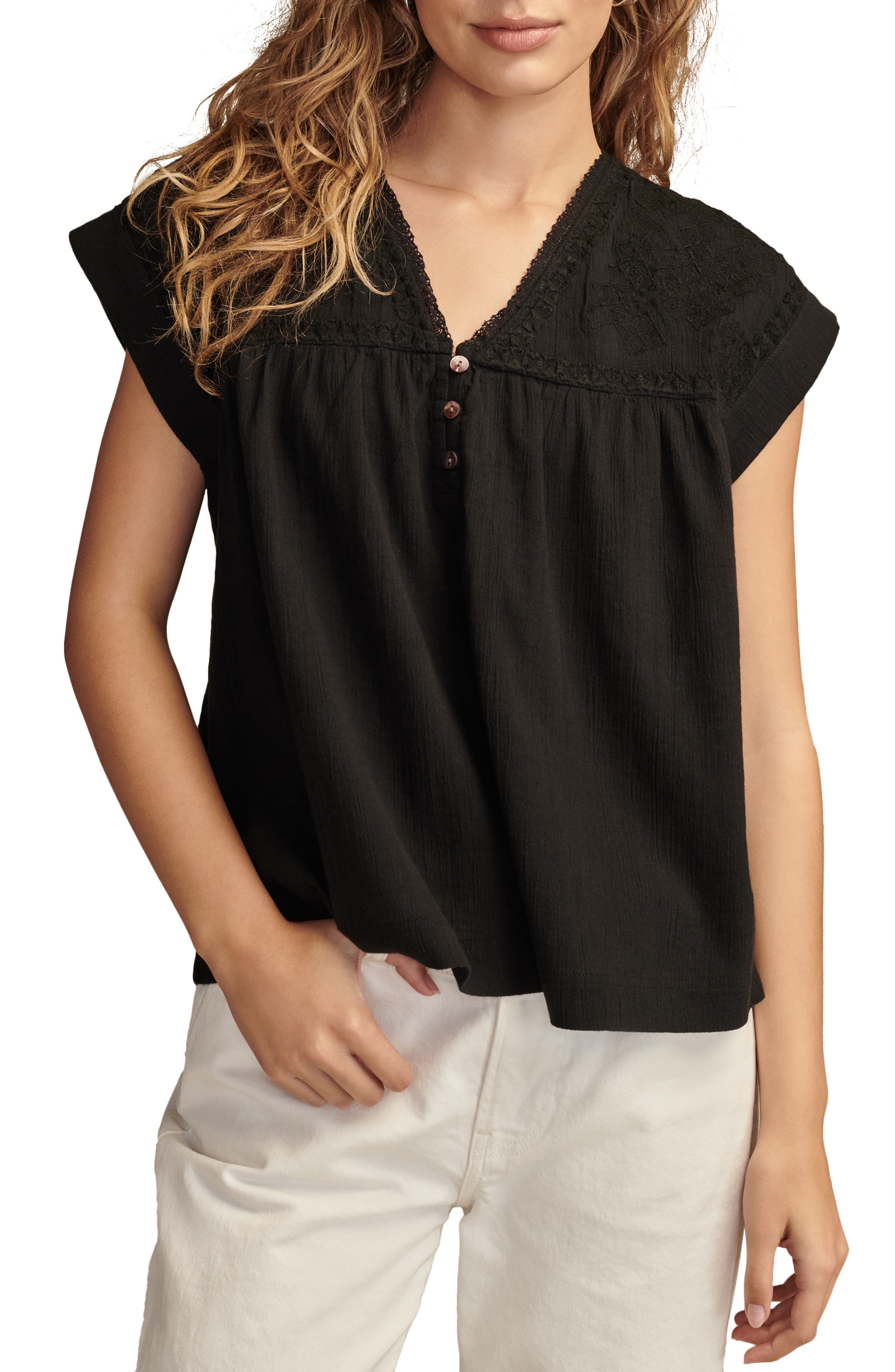 lucky brand embroidered yoke top